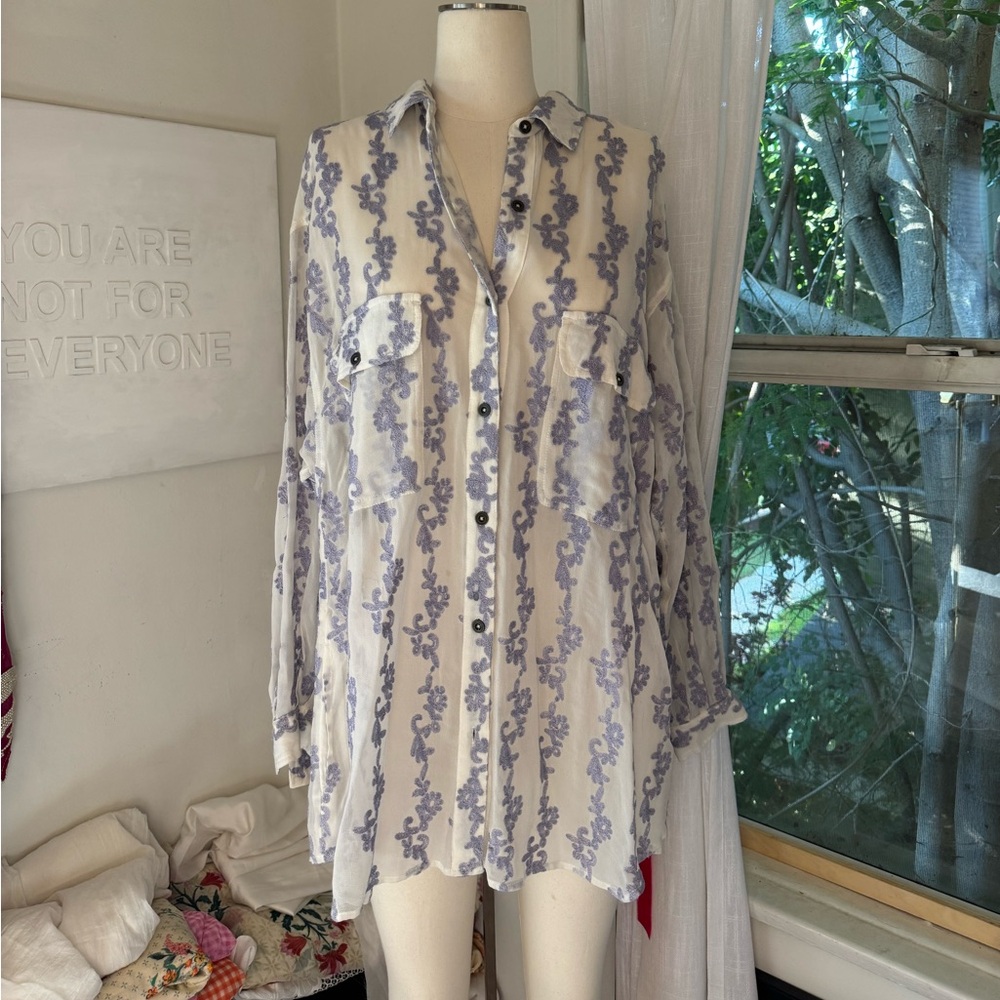 Free People Stripe Floral Embroidered Long Sleeve Button Down Tunic Top / Mini